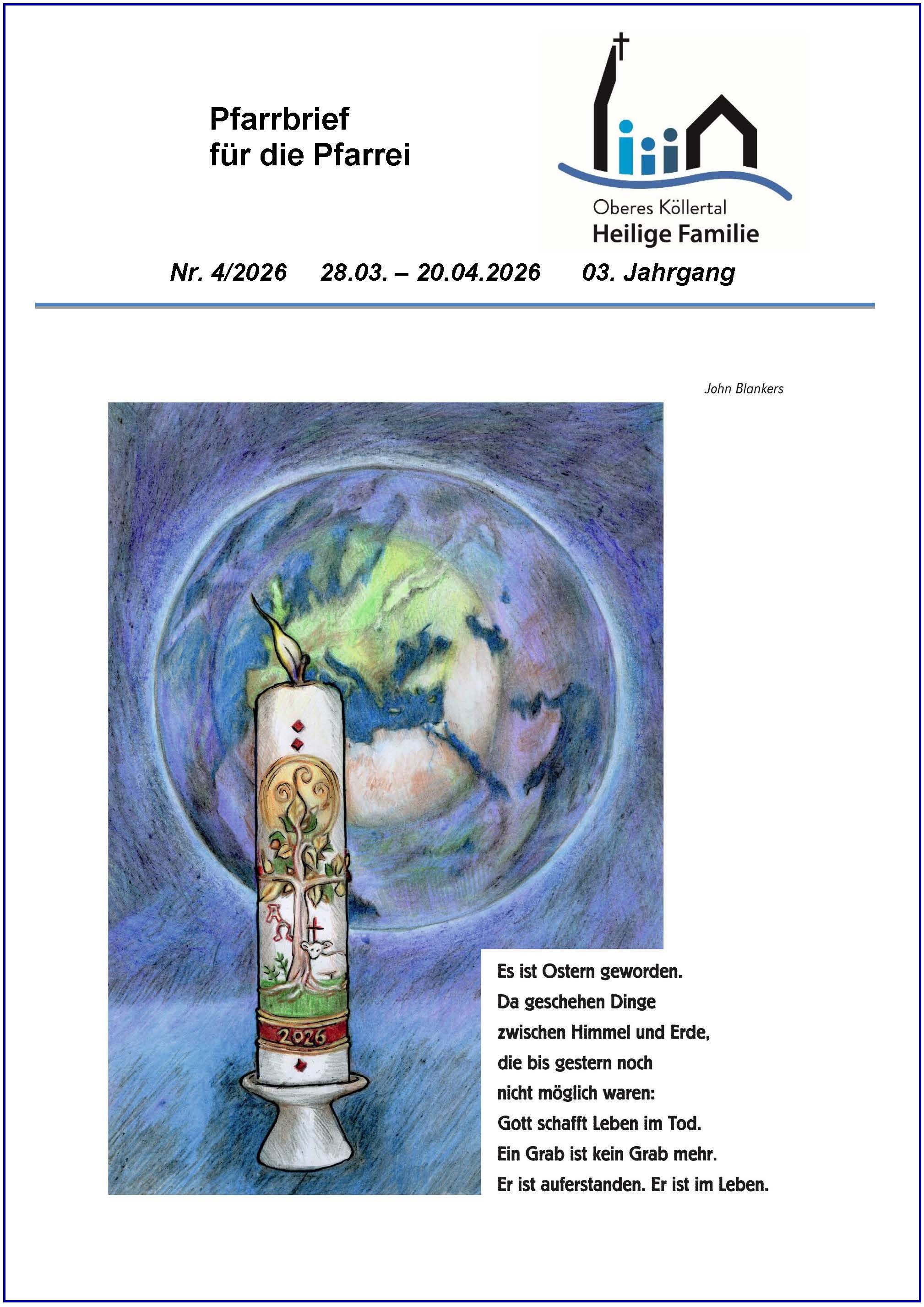 Titelseite des Pfarrbriefes zeigt eine verzierte Osterkerze und der stilisierte Blick auf ein leeres Grab (c) obkhefa Titelseite des Pfarrbriefes zeigt eine verzierte Osterkerze und der stilisierte Blick auf ein leeres Grab